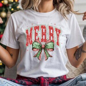 Merry Christmas Bow Graphic Tee, Cute Christmas Shirt, Christmas Gift